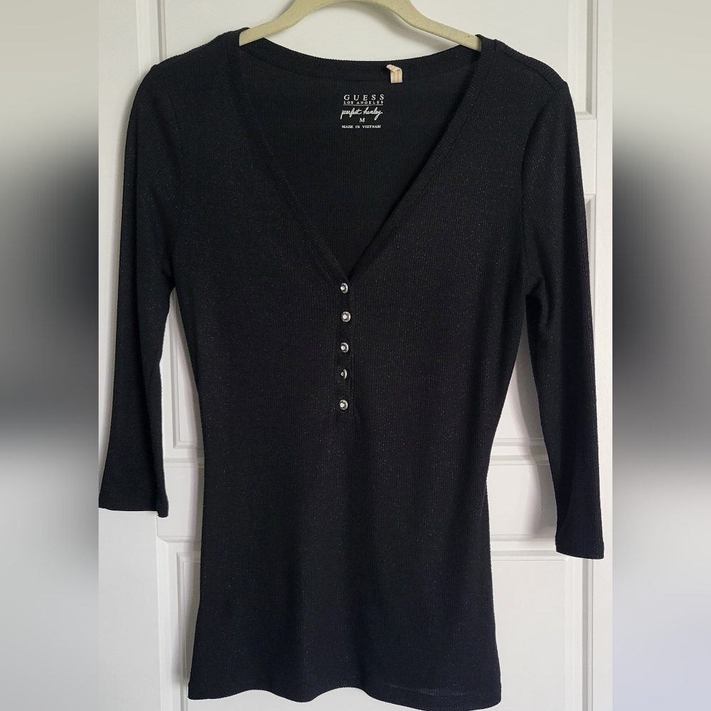 Guess Black V-Neck Blouse with Button Detail